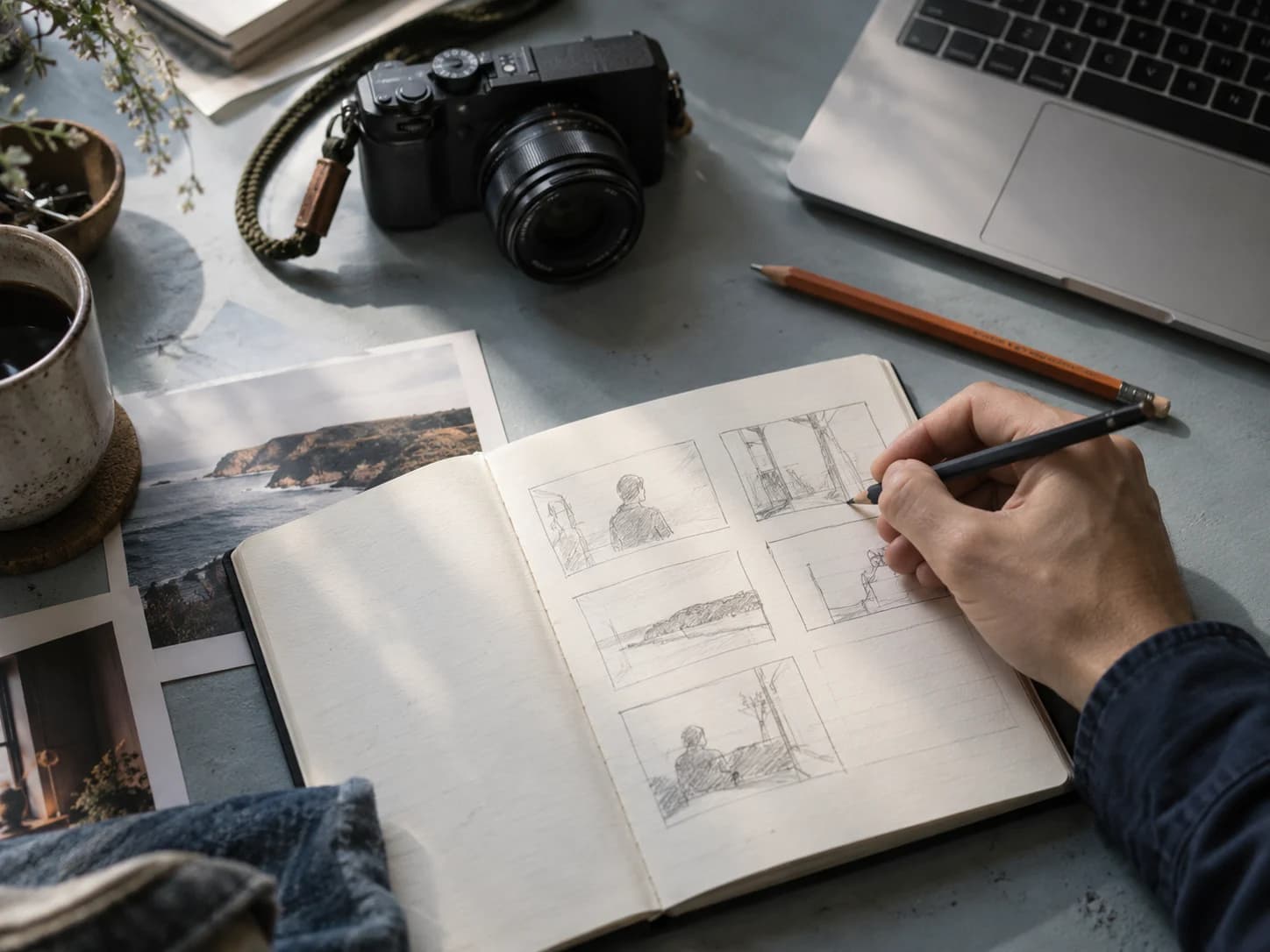 A hand sketching a storyboard beside a camera and an orange pencil.