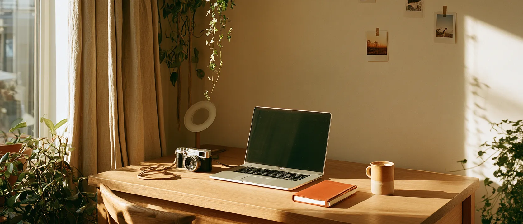 A sunlit creator studio desk with a laptop, a camera, a ring light and an orange notebook.