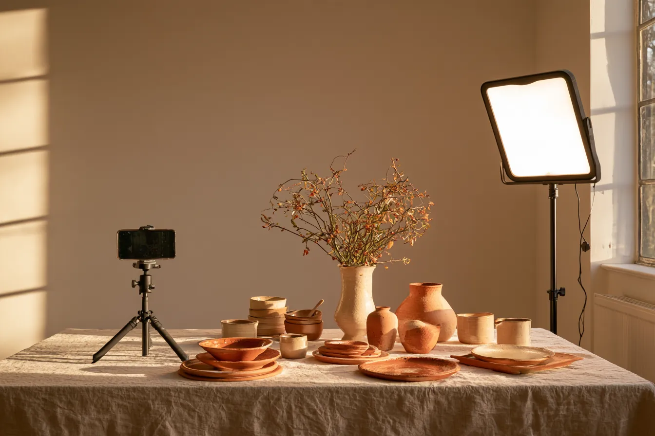 A phone on a small tripod filming handmade ceramics on a linen table.