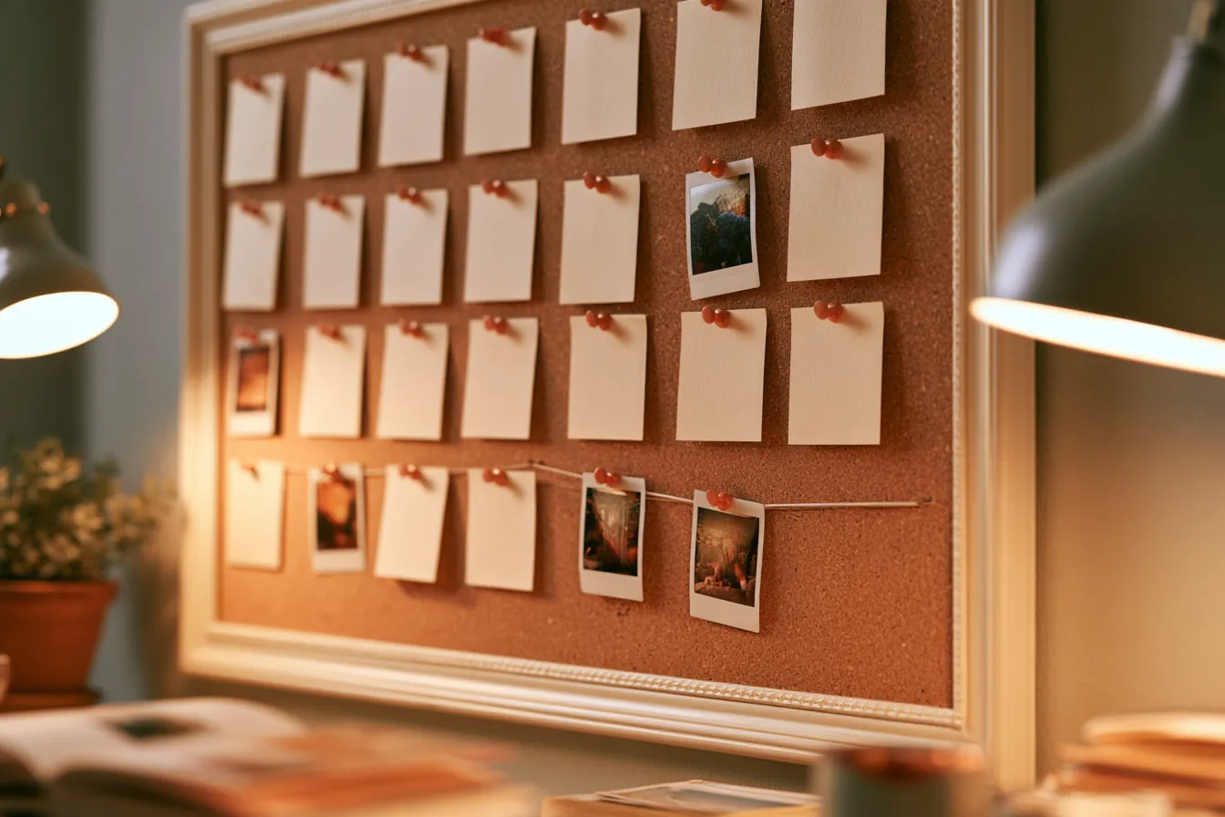 A cork board of blank cards and instant photos lit by a desk lamp.