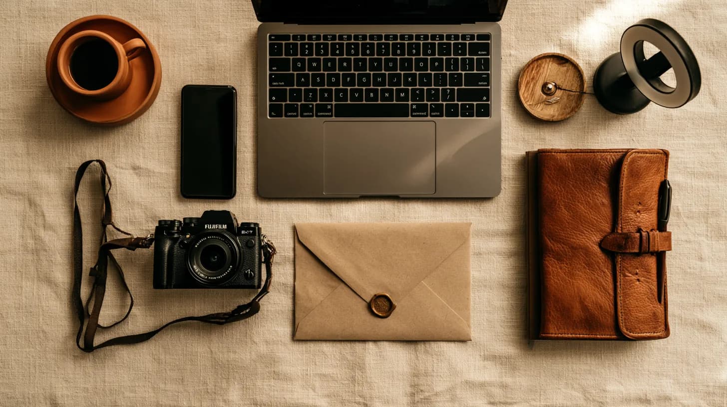 A laptop, phone, camera, notebook, ring light and coffee laid out on a cream linen desk.
